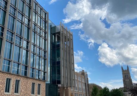 exterior view of the new engineering building with Duke Chapel in the background